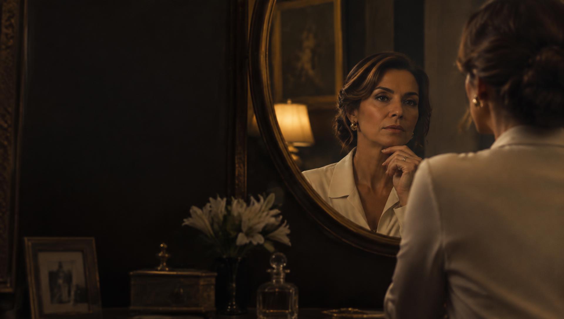 Mulher elegante diante de um espelho oval, com o rosto refletido em expressão pensativa